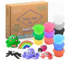 lot 17054 image: Modeling Clay for Kids - 12 Super Soft & 100% Natural Doughs Made from Wheat Flour - 100g Per Can of Reusable & Vibrant Clay Modeling Kit  - Retail $25