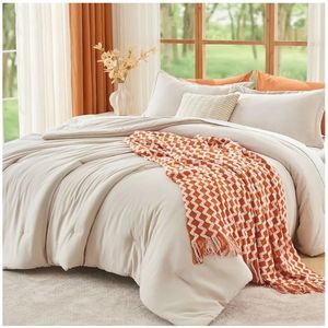 lot 17055 image: Queen Size Comforter Set Beige, 3 Piece Solid Bedding for All Seasons, Warm Down Alternative Bed Set Includes 1 Lightweight Comforter (90x90) and 2 Pillowshams (20x26) - Retail $26