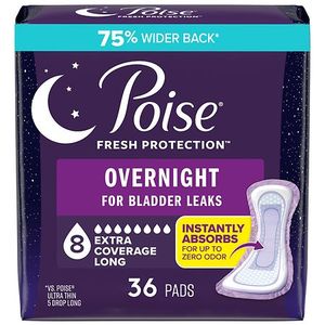 lot 17056 image: Poise Overnight Incontinence Pads for Women - Ultimate Extra Coverage - 8 Drop - Extra Coverage - 36ct - Retail $25