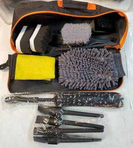 lot 17060 image: Car Wash Brush with Long Handle - Car Cleaning Kit, Wheel Brush, Microfiber Cleaning Mop, Mitt, Window Squeegee for RV Truck SUV Boat Solar Panel Washing - Retail $20