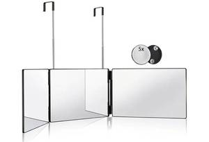 lot 17065 image: 3 Way Mirror for Hair Cutting,360 Trifold Mirror with Height Adjustable Telescoping Hooks, 5X Magnification, Makeup, Hair Styling - Retail $24