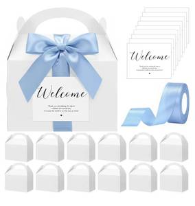 lot 17066 image: 24 Set Welcome Gable Boxes with Ribbon and Label 9x6x6 Wedding Gift for Guests Large Paper Welcome Boxes for Wedding Bridal Baby Shower Party Favors - Retail $31