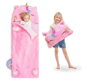 lot 17090 image: Unicorn Sleeping Bag, Toddler Girl Nap Mat, Plush Animal Slumber Bag 2 In 1 Pink Pillow Daycare Preschool Kindergarten Birthday Gift Travel Sleepover 3 4 5 6 7 8 10 12 Yr Child Teen. NEEDS TO BE WASHED. SEE LAST PHOTO. - Retail $59