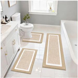 lot 17094 image: 3 Pieces Bathroom Rugs Sets, Microfiber Shaggy Bath Mat Set, Ultra Soft Non-Slip Rug with U Shaped Toilet for Bathroom, Tub, Shower Washable Carpets Set,Beige - Retail $39