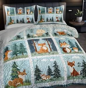 lot 17095 image: Fox Kids 3 Piece Comforter Set Twin Size, Cartoon Wildlife, Quilt Blanket with Pillowcase. - Retail $40