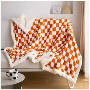 lot 17098 image: Sherpa Throw Blanket Fleece Blanket with Checkered Pattern Soft Thick Blanket for Couch, Bed, Sofa Luxurious Warm and Cozy for All Seasons (Orange, 51x63) - Retail $33