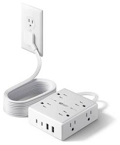 lot 17123 image: 10Ft Extension Cord with Multiple Outlets, Flat Plug Surge Protector Power Strip 10 Ft Long Cord, 8 Outlets & 4 USB Ports (2 USB C), Desk Charging Station for Home Office, College Dorm Room Essentials - Retail $20