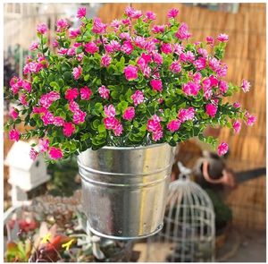 lot 17125 image: 8 Bundles Artificial Fake Flowers, Faux Outdoor Plastic Plants UV Resistant Shrubs Outside Indoor Decorations (Pink-Eucalyptus) - Retail $20