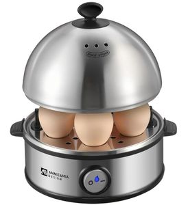 lot 17131 image: Annie & Mia Design Electric Egg Cooker, All Stainless Steel 7 Egg Capacity egg boiler, 360W, Hard, Medium, Soft Boiled Egg Poacher, egg steamer, Multi-function, Auto Shut-Off Function. NEEDS cleaning. TESTED Works. - Retail $36