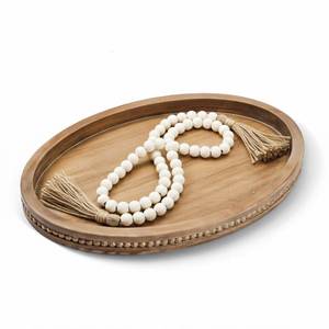 lot 6363 image: 16 x 11.8 Oval Wood Decorative Tray with 58 Bead Garland, Farmhouse Coffee Table & Kitchen Island D�cor, Rustic Brown Entryway Console Tray for Styling, Candles & Small Items