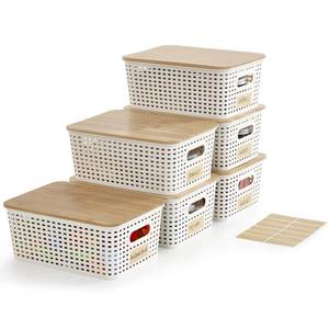 lot 6367 image: Bagnizer Small Plastic Storage Bins with Bamboo Lids 5.2qt Stackable Box Basket Pantry Decorative Containers Cute with Labels for Organizing Desktop Closet Office Cream White of 6 packs 107.24.1
