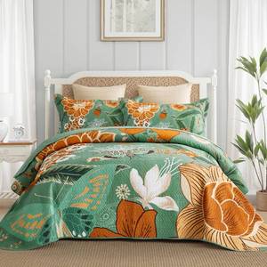 lot 6373 image: Tyrot 3 Piece Sage Green Boho Floral King Size Quilt Sets Farmhouse Botanical Reversible Lightweight Bedspread Coverlet with 2 Shams Butterfly Microfiber Bedding Quilts Set for All Season, 106x96