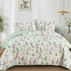 lot 6377 image: Anibedding Floral Quilt Set Queen Size,3 Pieces Flower Parrten Bedspread Coverlet,Garden Style Soft Lightweight Micorfiber Bedding Set with 2 Pillowcases for All Seaaon.(96x90,Green)