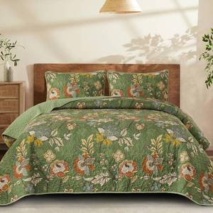 lot 6384 image: WONGS BEDDING Quilt Set Queen Size, Green Botanical Bedspread Bedding Set, 3 Pieces Floral Quilt with 2 Pillowcases, Soft Lightweight Microfiber Coverlet Set for All Season (96x90)