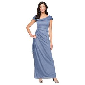 lot 6387 image: Alex Evenings Womens Long L-Neck Glitter Mesh Mother of The Bride Dress with Ruched Neckline (Petite and Regular Sizes), Dusty Blue Glitter, 14
