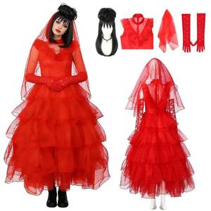 lot 6388 image: WEFONLLICOS 4PCS Women Lydia Deetz Costume Dress Beetle Bride Red Wedding Dress with Wig Veil Gloves Cosplay Gothic for Adult Halloween (Small)