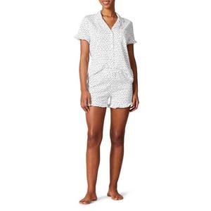 lot 6390 image: Amazon Essentials Womens Cotton Modal Piped Notch Collar Pajama Set, Comfortable Loungewear (Available in Plus Size), White Dots Print, Small