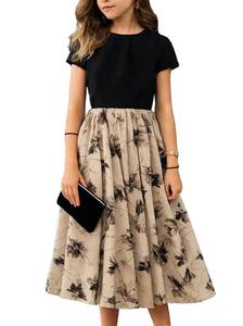 lot 6392 image: Seechoslo NEW 8-14Years Girls Elegant Dress Short Sleeve A-Line Floral Midi Party Special Occasion (US, Age, 8 Years, Black)