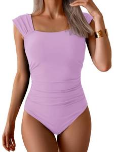 lot 6396 image: B2prity Womens One Piece Swimsuit Square Neck Tummy Control Bathing Suits Modest Full Coverage Ruched Swimwear Lavender small