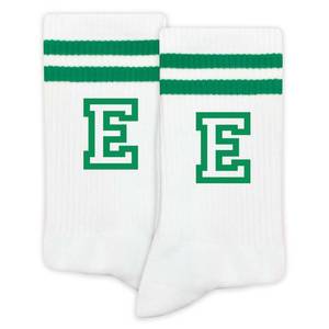 lot 6410 image: Letter Socks, Classic Striped Socks with the Letter E in Green, Gifts for Men&ampWomen, Him&ampHer, Boys&ampGirls, Friends, Classmates, Team Members, Graduation, Birthday Gifts, Back-to-school Season. (077)