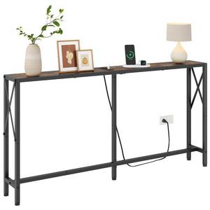 lot 6422 image: Gewudraw Console Table with Oulets and USB Ports, 55.1 Sofa Table Behind Couch, Industrial Long Skinny Stand for Hallway, Living Room, Bedroom, 6.5 Feet Power Cord, Rustic Brown