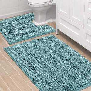lot 6442 image: H.VERSAILTEX Bathroom Rugs Bath Rug Set 2 Piece Bathroom Contour Rug Toilet Mat Sets Non Slip Contour Bath Rug Ultra Thick Water Absorbent Striped Bath Mats(36 x 24 Plus 20 x 24 U, Aqua Haze)