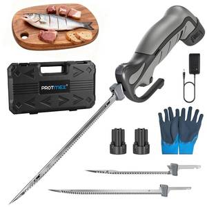 lot 6444 image: Protmex Cordless Electric Fillet Knife with 8 and 10 Sharp Blades, 12V Electric Fillet Knife with Non-slip Grip Handle, Gloves and Safety Lock, for Fishing, Filleting, Meat, Outdoors