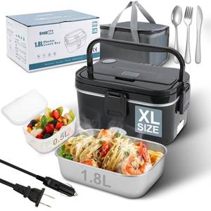 lot 6448 image: SOHIDA 1.8L0.5L Heated Lunch Box for Men, 80W Electric Lunch Box with Long-handled Utensils for Adults, 12V24V110V Lonchera El�ctrica Port�til, Portable Food Warmer for CarTruckOffice (Black)