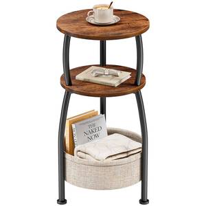 lot 6449 image: Yuede Round Side Table for Small Spaces with Storage Basket ��Small End Table 3-Tier Night Stand Sofa Corner Table for Living Room, Bedroom, Patio and More 24in Tall Rustic Brown