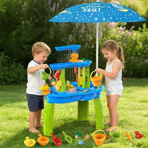 lot 6452 image: 3-Tier Toddler Kids Water Sand Table With Umbrella - Summer Outdoor Toys with Stable Design, Multifunctional Sensory Learning Pool Beach Backyard Activity Playset Gifts for Boys Girls(Ocean Blue)