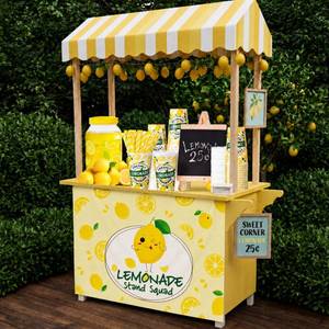 lot 6507 image: Bokon Lemonade Stand Supplies Include 100 Pcs Cups with Lids and Paper Straws, Tablecloth, Pitcher, Wooden Blackboard, Lemonade Stand Decorations Table Cover(Vivid)