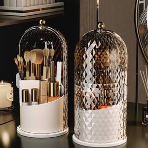 lot 6524 image: ccsxqy Makeup Brush Holder Organizer with Cover - 360° Rotating Clear Dustproof Cosmetic &amp Skincare Storage for Vanity, Desktop, Bathroom Countertop (White)