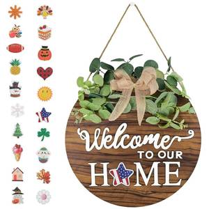 lot 6531 image: Interchangeable Seasonal Welcome Sign Front Door Decoration 4th of July Wreath Rustic Round Wood Wreaths Wall Hanging Outdoor Farmhouse Porch for Spring Summer All Seasons Holiday Independence Memorial Day Decor Bless This Home