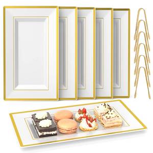 lot 6540 image: 6 Sets Plastic Serving Trays with Serving Tongs, White & Gold Rim Disposable Plastic Serving Platters for Food Fruit Dessert Tea Party Wedding