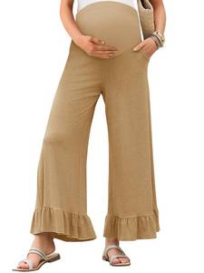 lot 6569 image: Yousify Womens Maternity Pants Soft Ruffle Flowy Lounge Palazzo Pants Pregnancy Wide Leg Trousers Khaki large