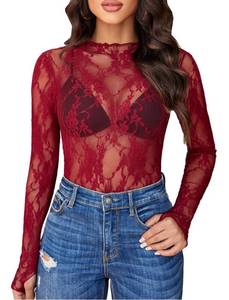 lot 6586 image: Avidlove Womens Mesh Top Long Sleeve Mock Neck Sheer Blouse See Through Floral Lace Tops Wine Red Small