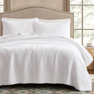 lot 6589 image: WDCOZY 100% Cotton Oversized King Size Quilt Set - White California Cal King Striped Pick Stitch Soft Lightweight Bedspread, Textured Like Linen, Farmhouse Country Rustic Coverlet, 3 Pieces