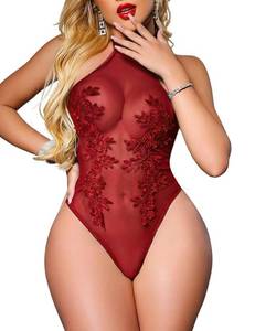 lot 6594 image: Girece Lingerie for Women Mesh Bodysuit Halter Teddy Lingerie with Snap Crotch One Piece Sheer Bodysuit(Wine Red,S)