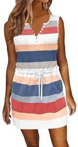 lot 6613 image: ETCYY Womens Summer Casual Dresses Sleeveless Beach Vacation Sundresses Drawstring Waist Short Striped Dress with Pockets,Striped Blue,Small