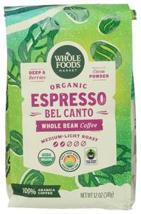 lot 6616 image: Whole Foods Market, Organic Espresso Bel Canto Whole Bean Coffee, Medium-Light Roast, Berries & Cocoa Powder, 12 Ounce