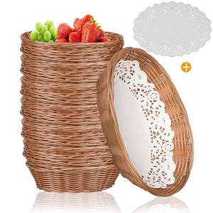 lot 6646 image: Yimerlen 12 Pcs Oval Small Plastic Bread Basket, Wicker Basket for Serving 2.36x9x6.4 Inch Woven Food Storage Basket, Fruit Basket, Gift Basket (Comes with Food Blotting Sheets) Brown