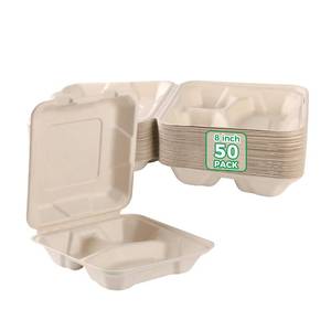 lot 6651 image: Poreids To Go Food Boxes with Lids - 8x8 50-Pack Biodegradable 3 Compartment Clamshell Take Out Containers, Disposable Carry Out Meal Prep Paper Containers For Lunch, Stackable, 100% Natural
