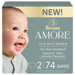 lot 6654 image: Pampers Amore, Size 2 (10-22 lbs), 74 Count, Our Best Diaper Hypoallergenic &amp Fragrance Free, Up to 100% Leakproof, Soft as Cashmere