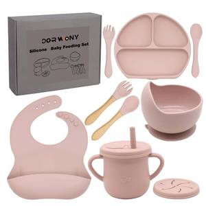 lot 6665 image: Dormlony 100% Silicone Baby Feeding Set,BPA Free Baby Dishes Set with Suction Bowl Divided Plate,Toddler Self Feeding Dish Set with Spoons Forks Sippy Cup and Bib, Baby Eating Utensils (Pink)