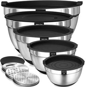 lot 6672 image: Umite Chef Mixing Bowls with Airtight Lids, 8PCS Stainless Steel Nesting Mixing Bowls Set, 3 Grater Attachments & Non-Slip Bottoms, Black Kitchen Bowls, Size 5, 4, 3.5, 2, 1.5QT for Baking & Serving