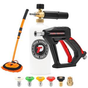 lot 6681 image: Tool Daily Short Pressure Washer Gun with Foam Cannon, 15° Curved Car Wash Brush with Long Handle, 5 Nozzle Tips, 14 Quick Connect
