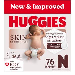 lot 6683 image: Huggies Size Newborn Diapers, Skin Essentials Baby Diapers, Size Newborn (6-9 lbs), 76 Count, Packaging May Vary