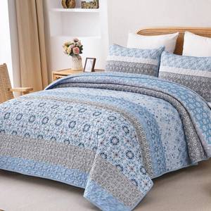 lot 6690 image: WONGS BEDDING Boho Quilt Set King, Aqua Bohemian Striped Patchwork Bedspread Coverlet Set with 2 Pillowcases,Lightweight Microfiber Floral Bedding Set 104x90