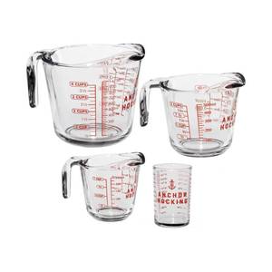 lot 6703 image: Anchor Hocking Glass Measuring Cups, 4 Piece Set (5 Ounce, 1 Cup, 2 Cup, 4 Cup liquid measuring cups)