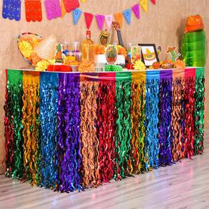 lot 6707 image: Mega-L Fiesta Party Decorations, 2 Pack Taco Party Decorations Cinco de Mayo Wavy Metallic Tinsel Foil Fringe Table Skirts, Mexican Themed Photo Booth Props Birthday Loteria Day of the Dead Decor
